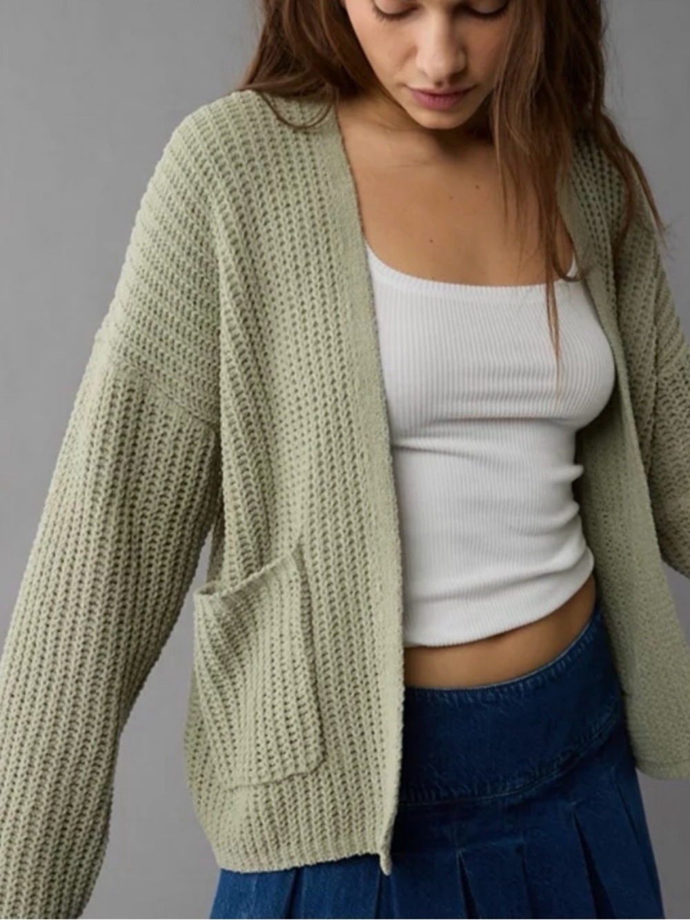 American Eagle Outfitters Light Sage Open-Front Knit Cardigan